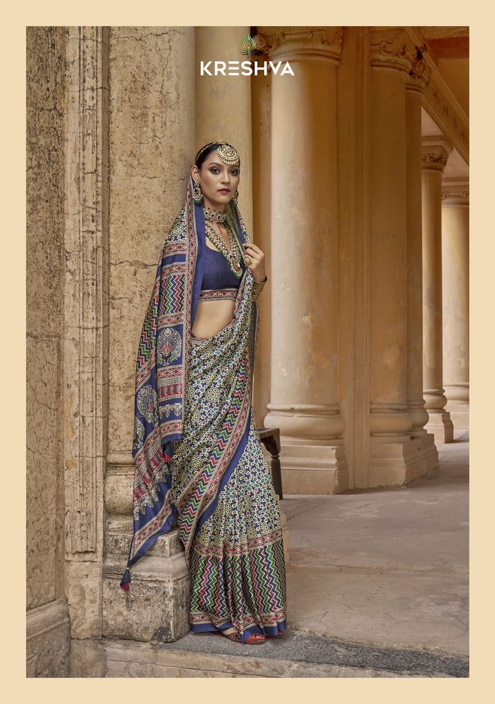 Royal Blue Ajrakh Printed Saree with Traditional Handcrafted Motifs