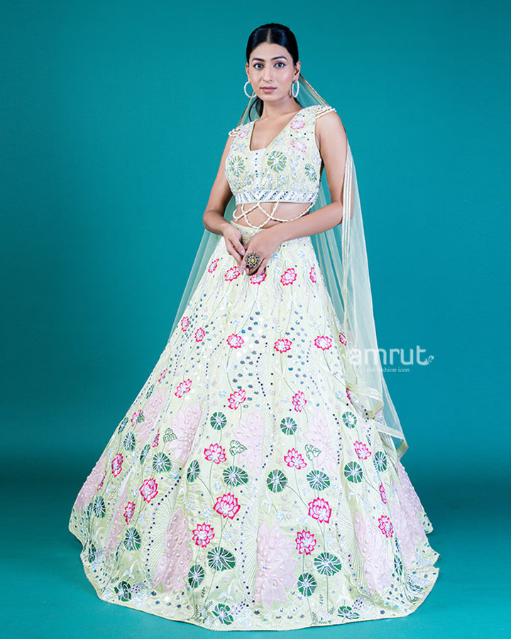 Pastel Yellow Lehenga Choli with Floral Embroidery, Sequins and Net Dupatta