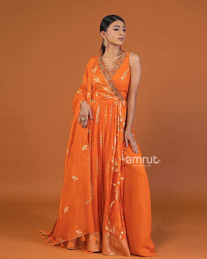 Orange Embellished Anarkali Dress with Dupatta