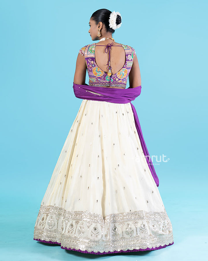 Dark Purple Embroidered Choli with Light Cream Lehenga and Purple Dupatta