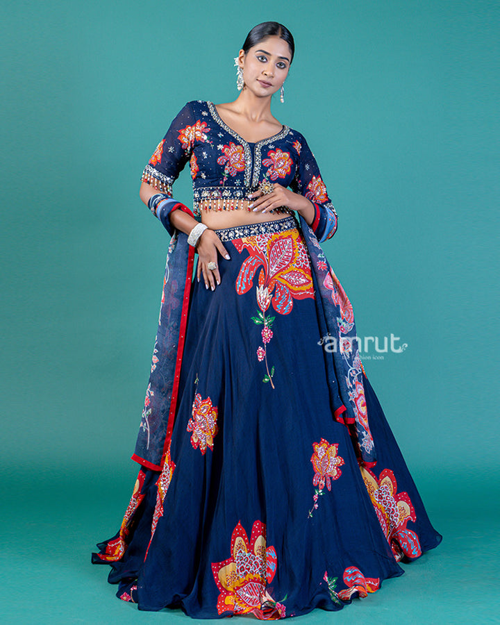 Navy Blue Lehenga Choli with Gold and Maroon Floral Embroidery