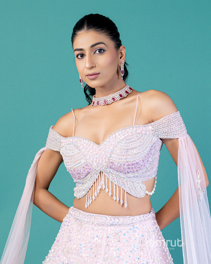 Off Shoulder Butterfly Embellished Choli with Blush Pink Lehenga and Beaded Waistband