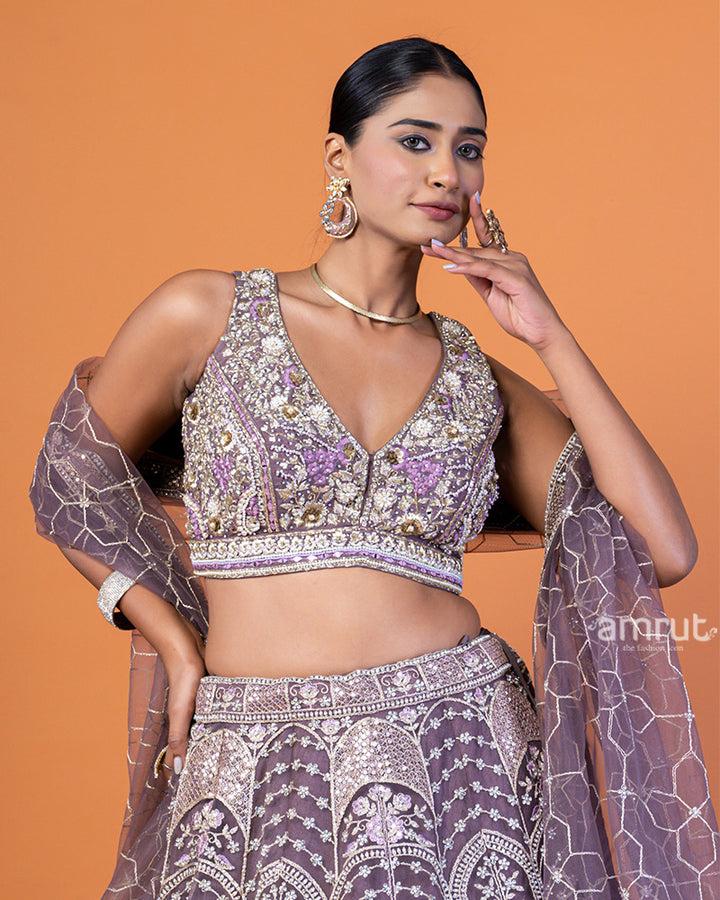 Mauve-Purple Embellished Lehenga Choli with Intricate Embroidery and Dupatta