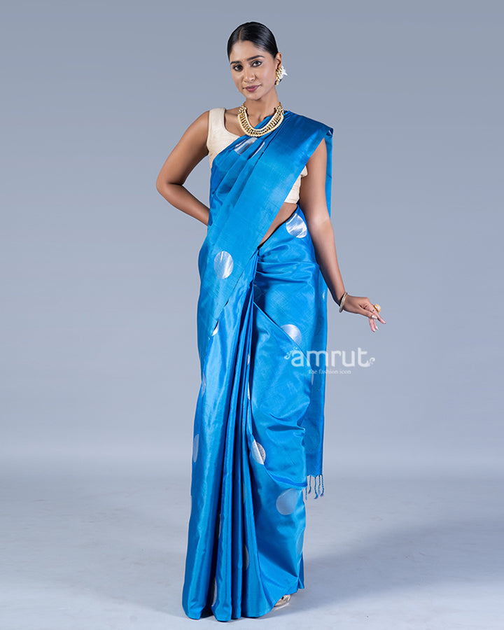 Blue Silver Zari Woven Round Motifs Saree with unstitched blouse