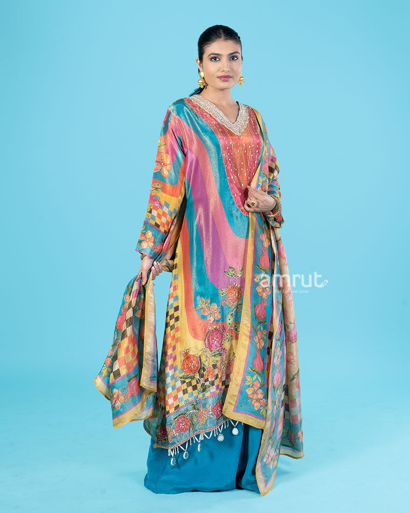 Vibrant Teal, Pink, and Orange Salwar Kameez with Mustard Yellow Floral Dupatta