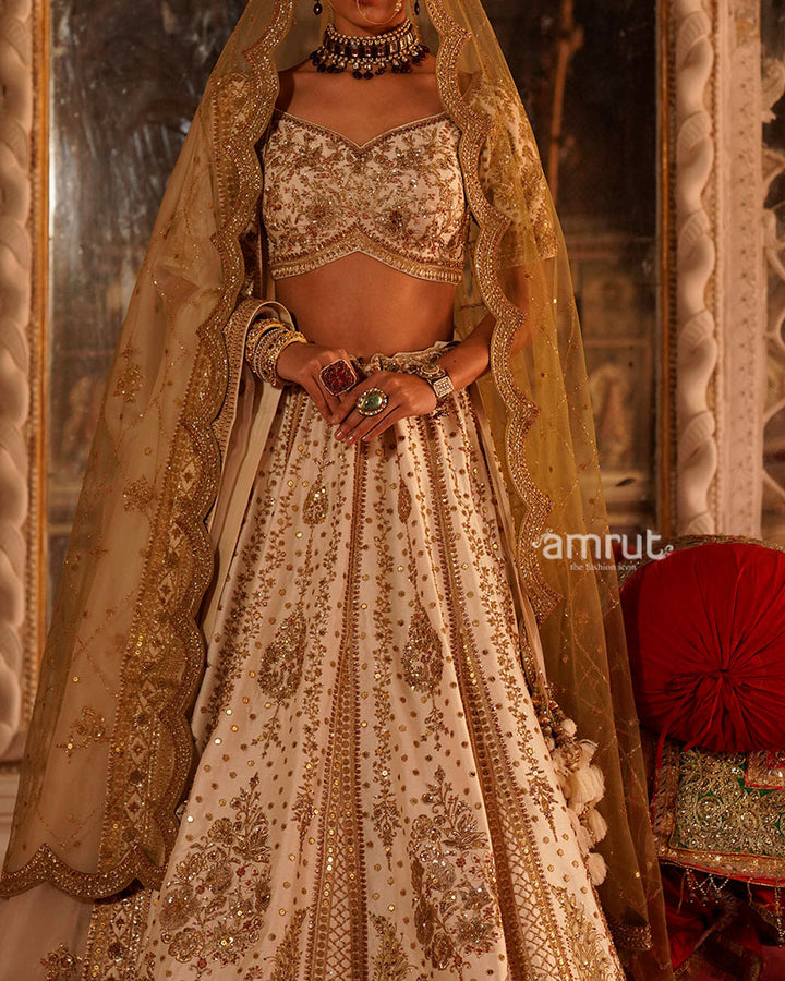 Cream and Golden Embroidered Bridal Lehenga Choli with Beige-Golden Dupatta