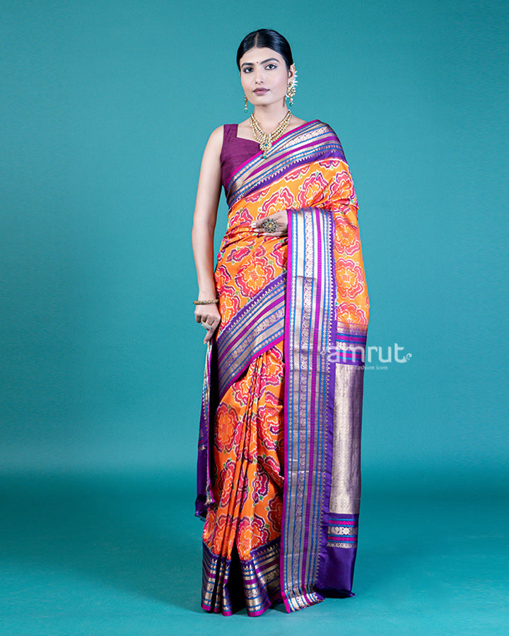 Tangerine Saree with Contrast Lavender Zari Woven Border and Unstitched Blouse