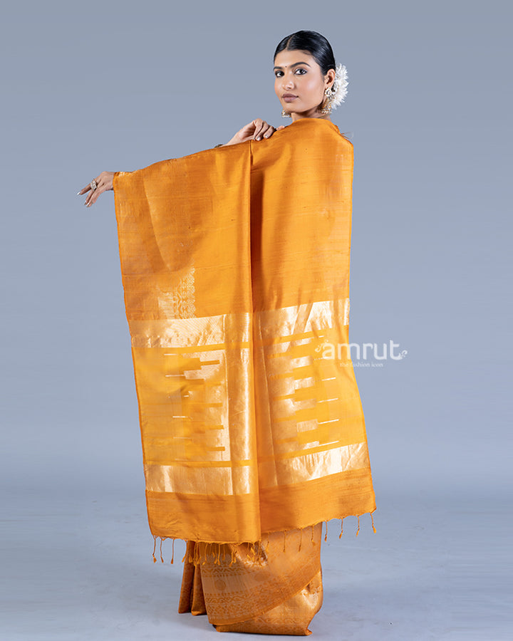 Mustard-Orange with Golden Zari Borders Silk Saree with unstitched blouse