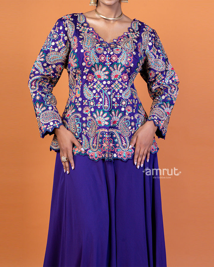 Violet Embroidered Plum Top with Flowing Sharara Pants