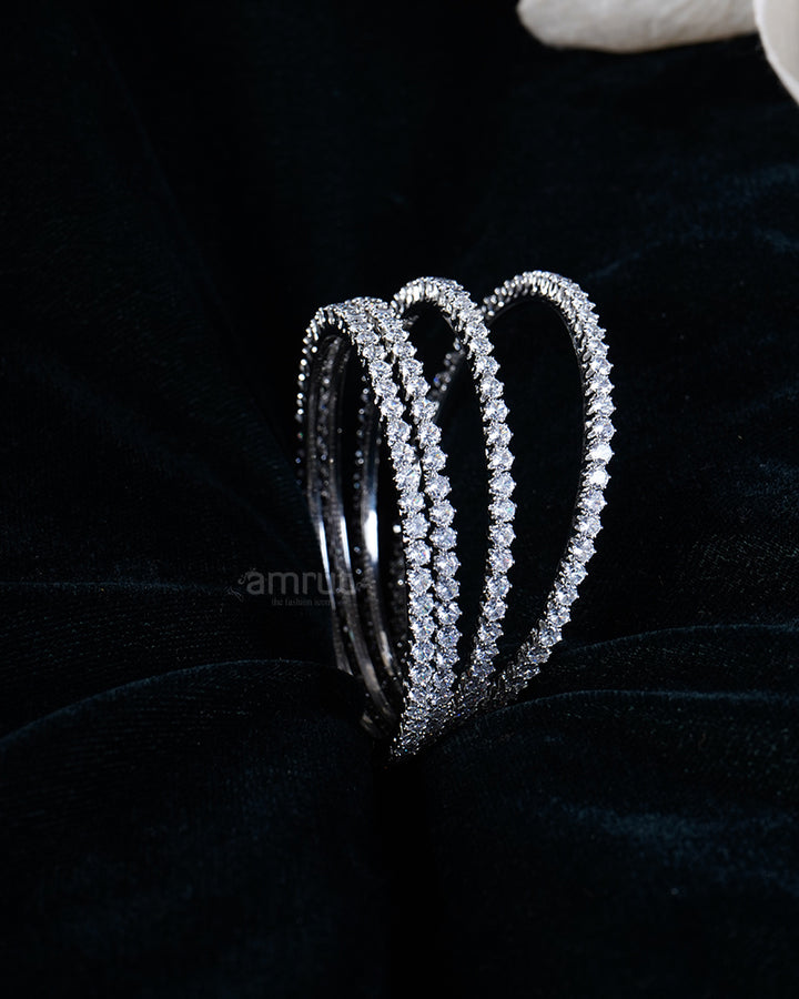 Sparkling Diamond-Set with Curved Design Silver Bangles Set