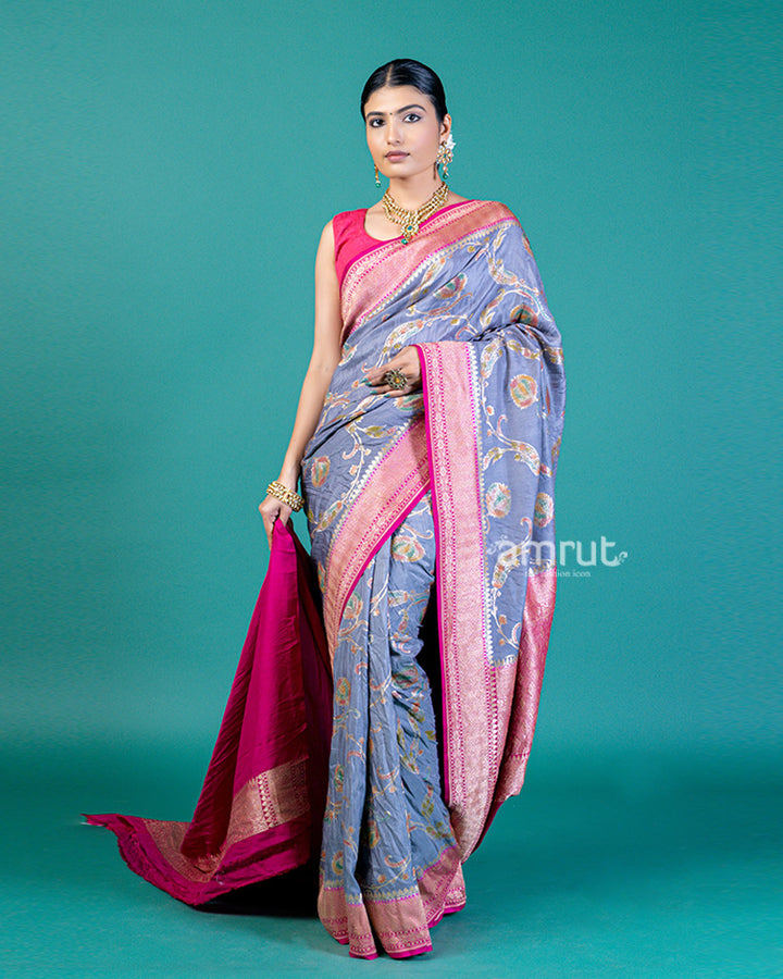 Blue-Grey Tussar Silk Saree with Zari Work and Vibrant Pallu, Unstitched Blouse