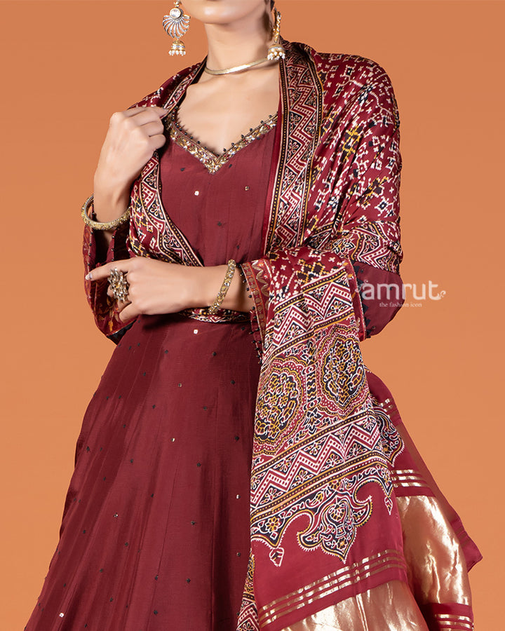 Red Gown Featuring Sequin Buti Embellishments with Printed Dupatta