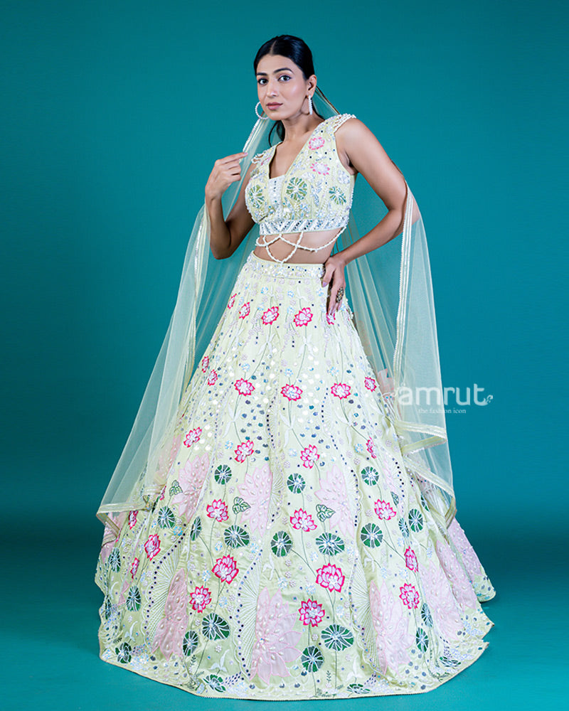 Pastel Yellow Lehenga Choli with Floral Embroidery, Sequins and Net Dupatta