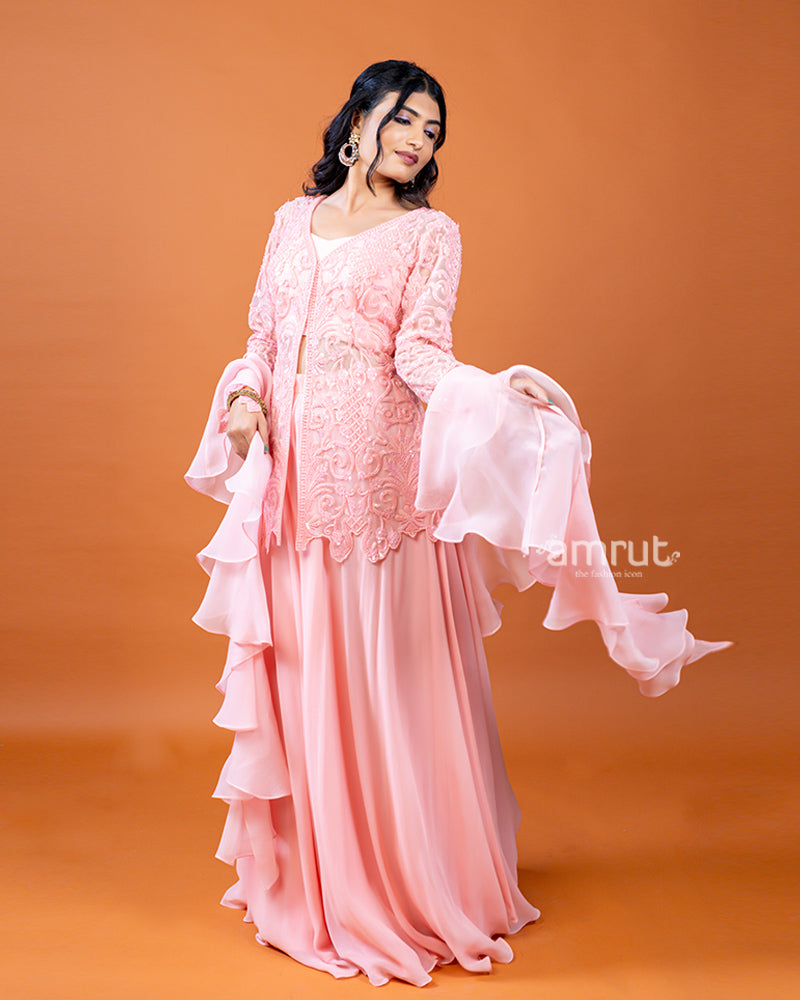 Salmon Pink Palazzo with Plum Top and Ruffle Dupatta