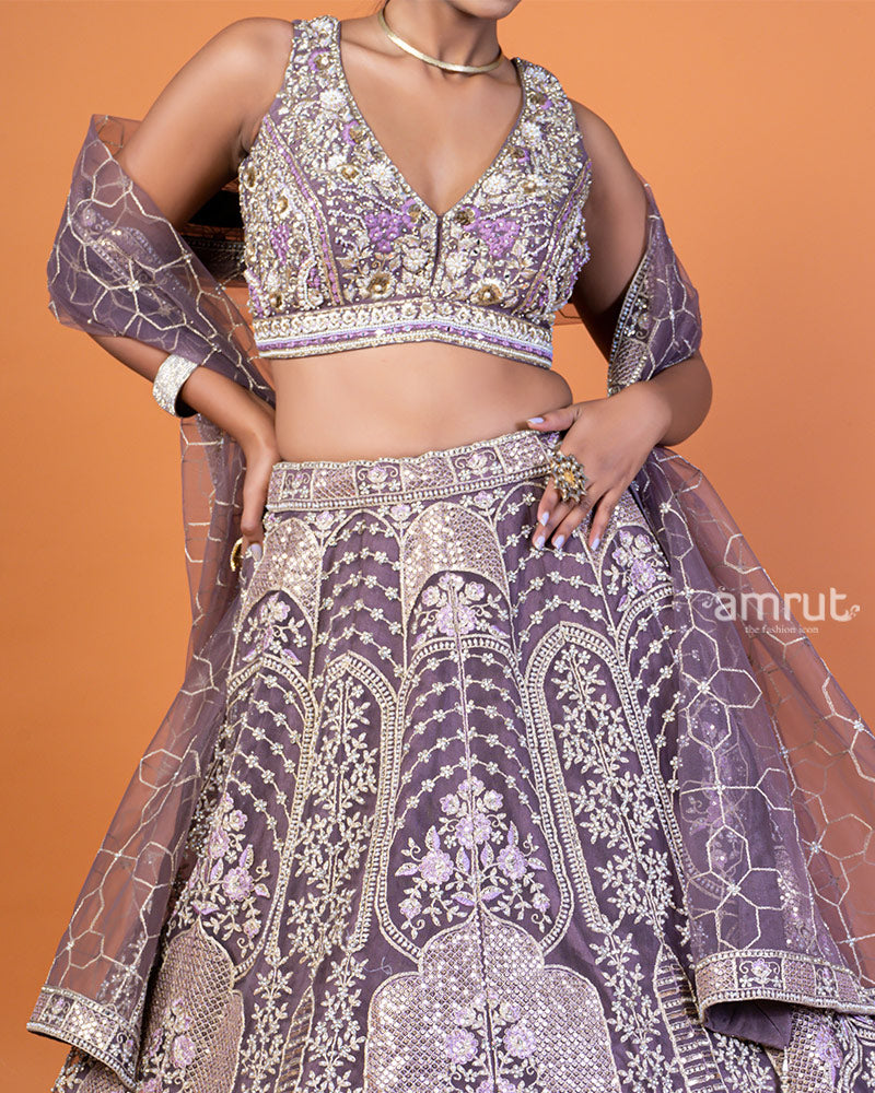 Mauve-Purple Embellished Lehenga Choli with Intricate Embroidery and Dupatta