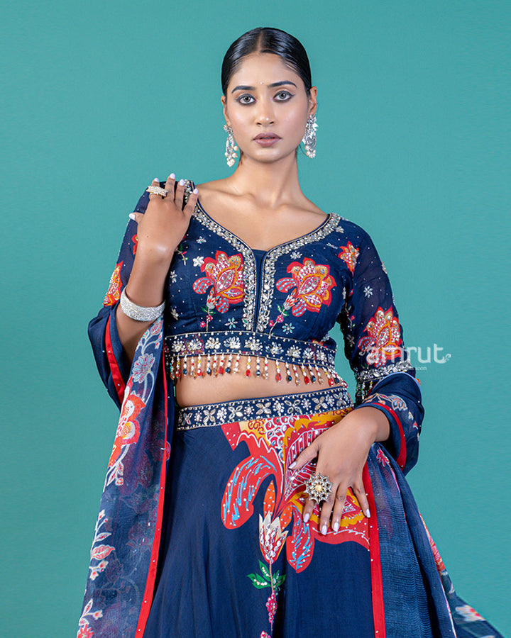 Navy Blue Lehenga Choli with Gold and Maroon Floral Embroidery