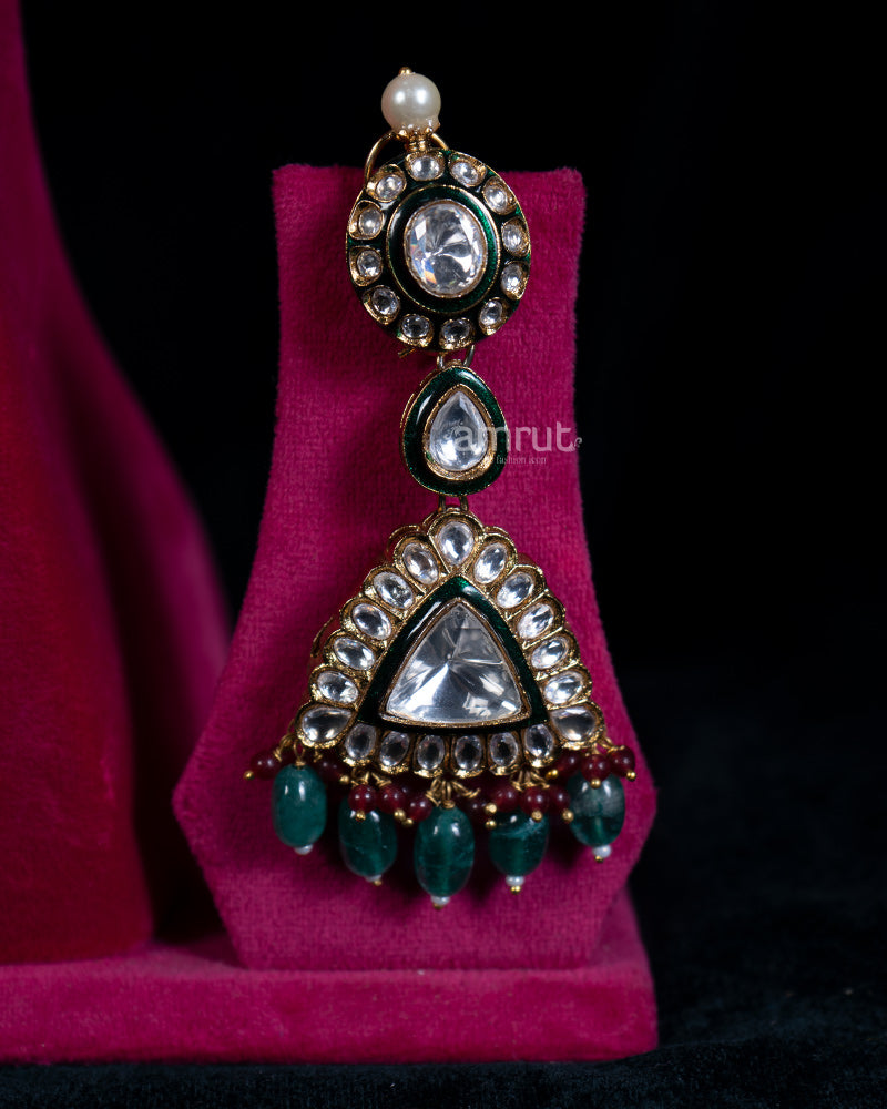 Emerald Green Stones, Wedding Necklace with Earrings and Maang Tikka