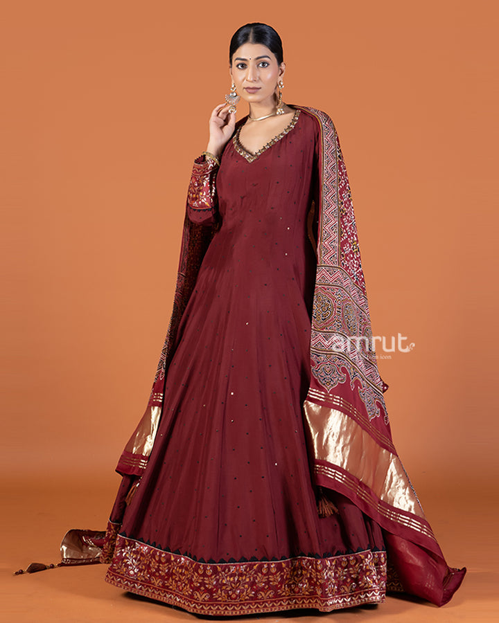 Red Gown Featuring Sequin Buti Embellishments with Printed Dupatta