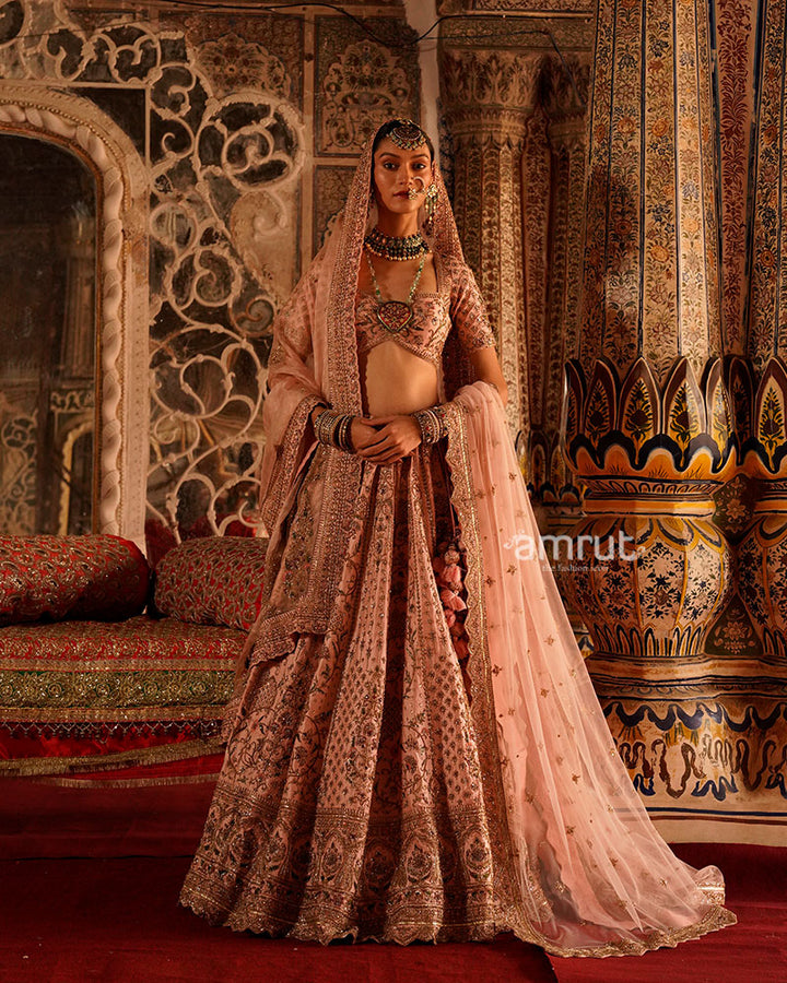 Dusty Rose with Gold Embellishments and Sheer Dupatta Bridal Lehenga Choli