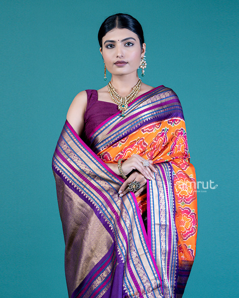 Tangerine Saree with Contrast Lavender Zari Woven Border and Unstitched Blouse