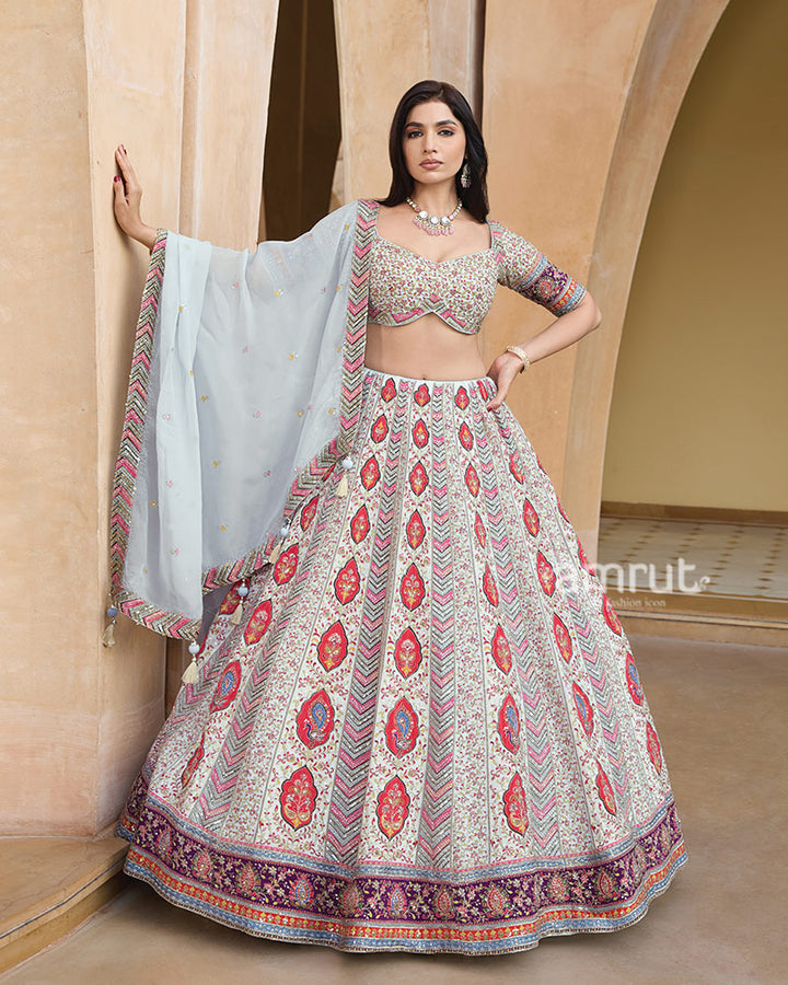 Cream Floral Embroidery Lehenga Choli with Light Gray Dupatta