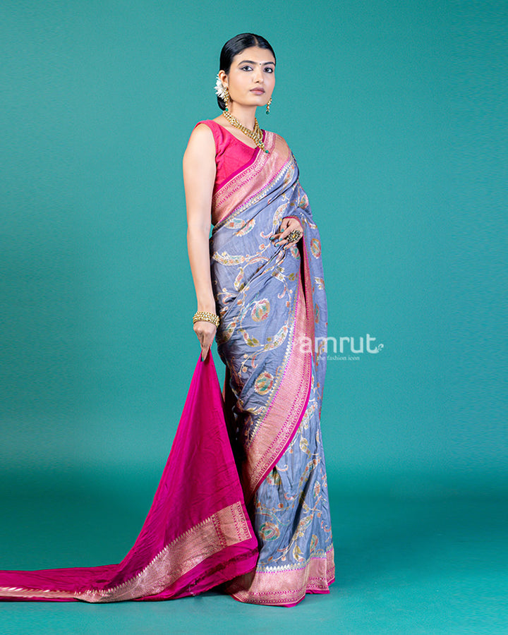 Blue-Grey Tussar Silk Saree with Zari Work and Vibrant Pallu, Unstitched Blouse