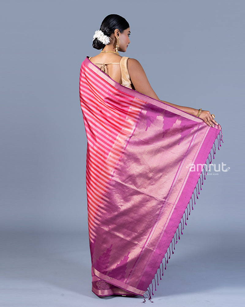 Pink and Purple Striped Saree with Unstitched Blouse