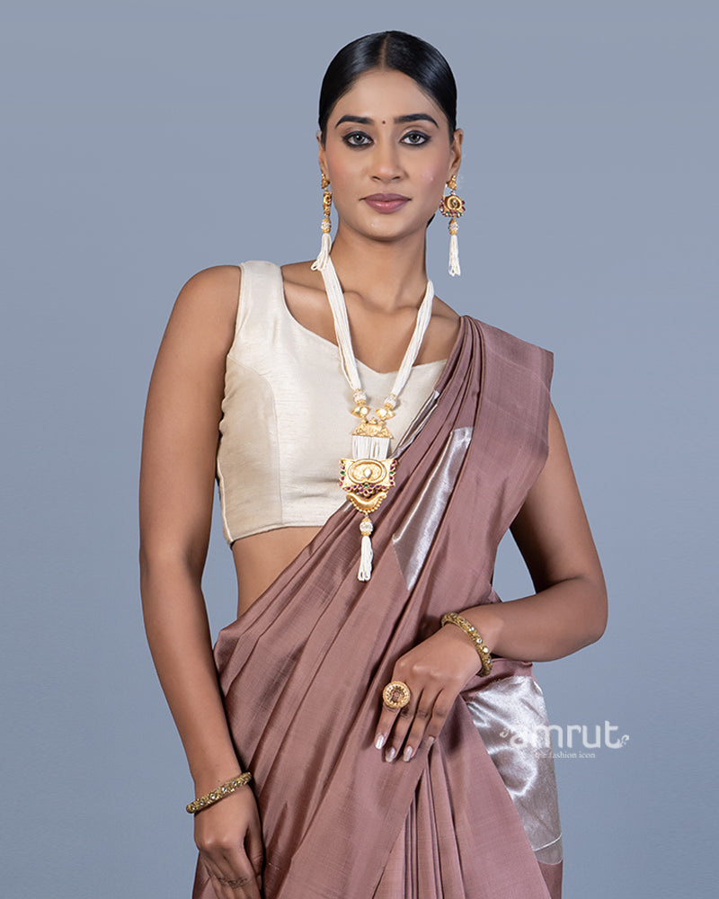 Dark Mauve Saree with Silver Zari Woven Detailing with Unstitched Blouse