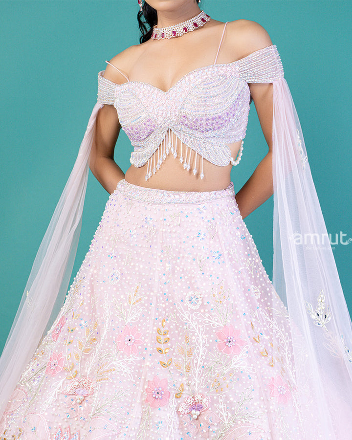 Off Shoulder Butterfly Embellished Choli with Blush Pink Lehenga and Beaded Waistband