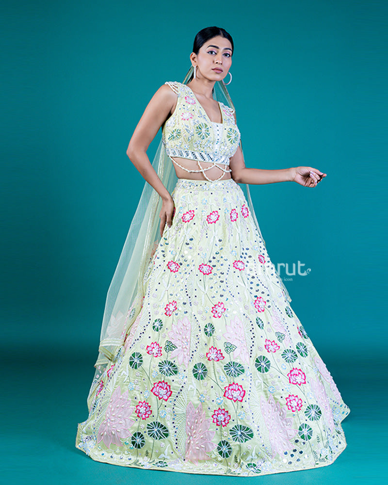 Pastel Yellow Lehenga Choli with Floral Embroidery, Sequins and Net Dupatta