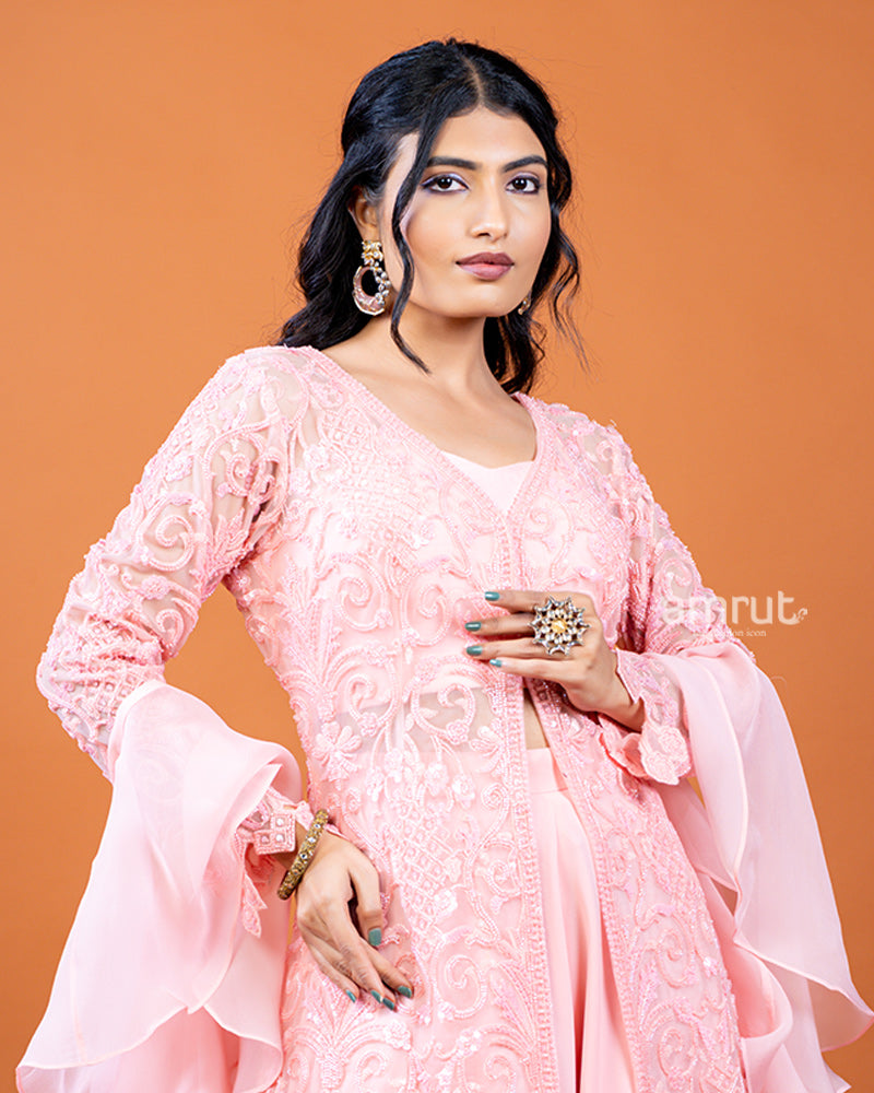 Salmon Pink Palazzo with Plum Top and Ruffle Dupatta