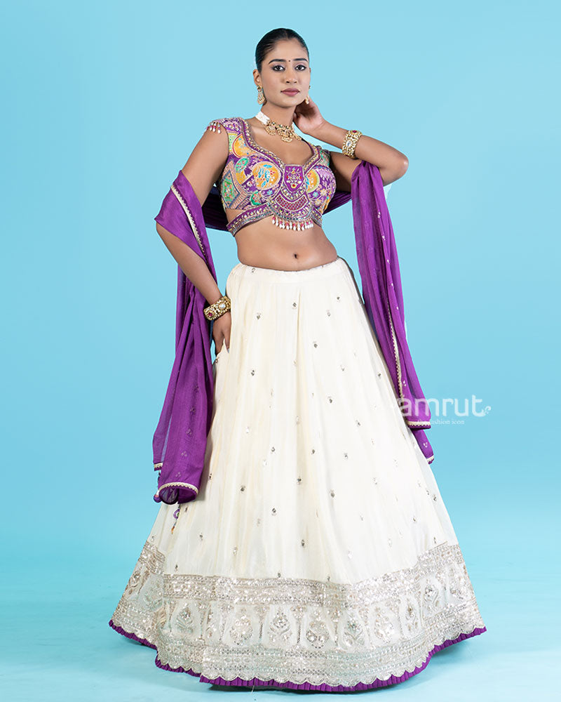 Dark Purple Embroidered Choli with Light Cream Lehenga and Purple Dupatta