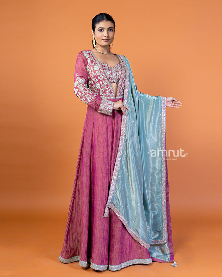 Raspberry Rose Embellished Long Kurta with Shimmering Teal Dupatta