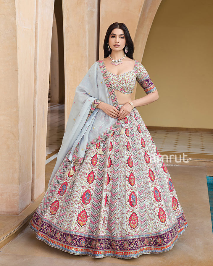 Cream Floral Embroidery Lehenga Choli with Light Gray Dupatta