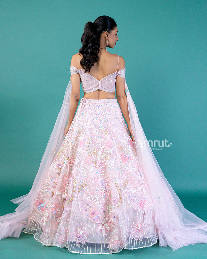 Off Shoulder Butterfly Embellished Choli with Blush Pink Lehenga and Beaded Waistband