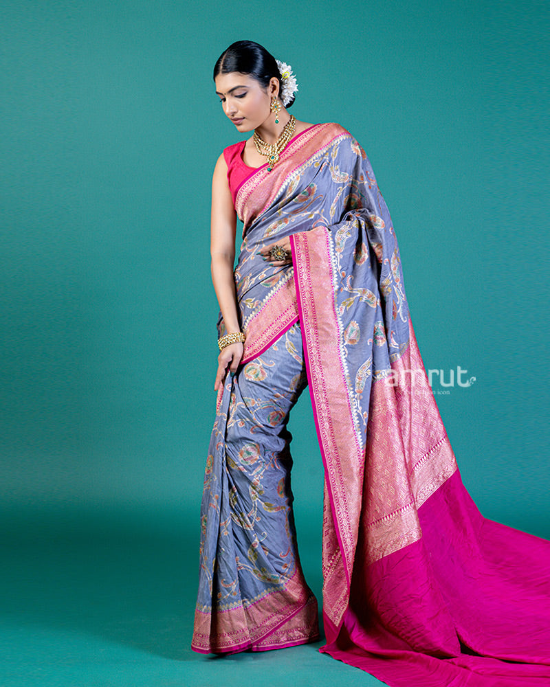 Blue-Grey Tussar Silk Saree with Zari Work and Vibrant Pallu, Unstitched Blouse