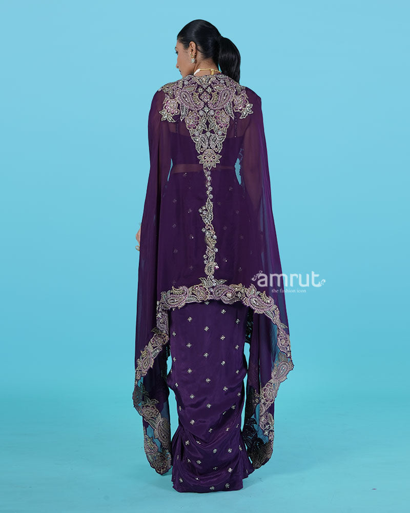 Purple Embellished Choli with Draped Skirt and Embroidered Cape