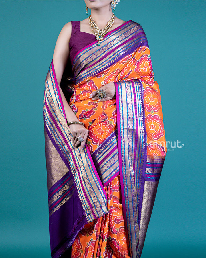 Tangerine Saree with Contrast Lavender Zari Woven Border and Unstitched Blouse