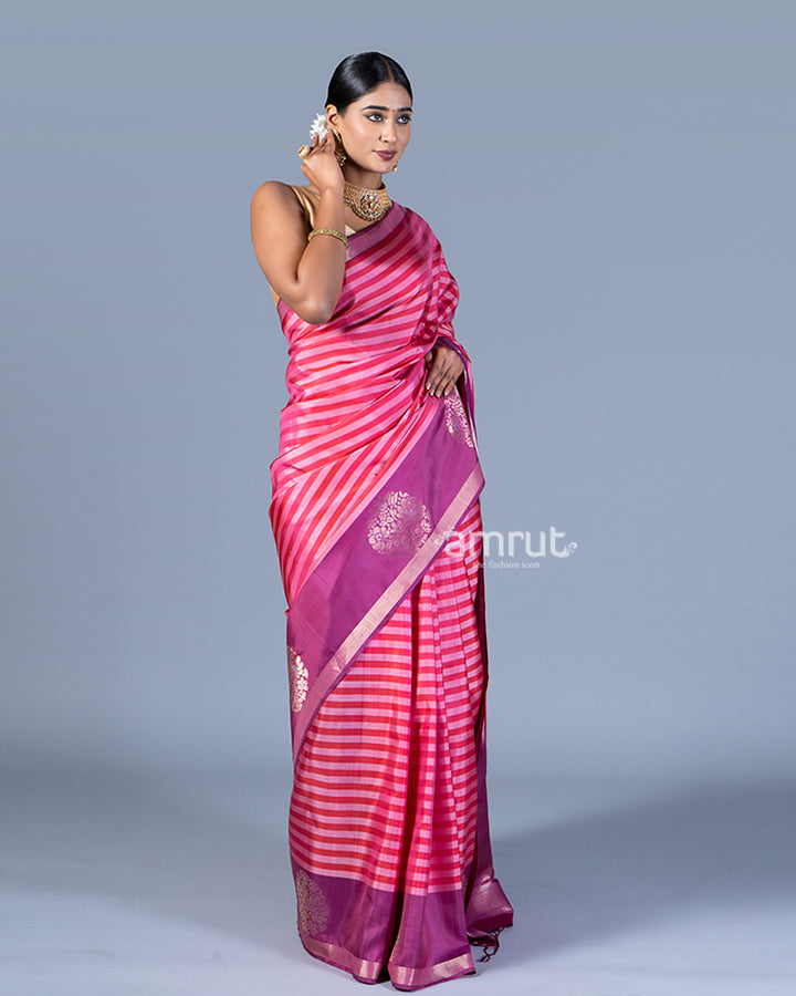 Pink and Purple Striped Saree with Unstitched Blouse