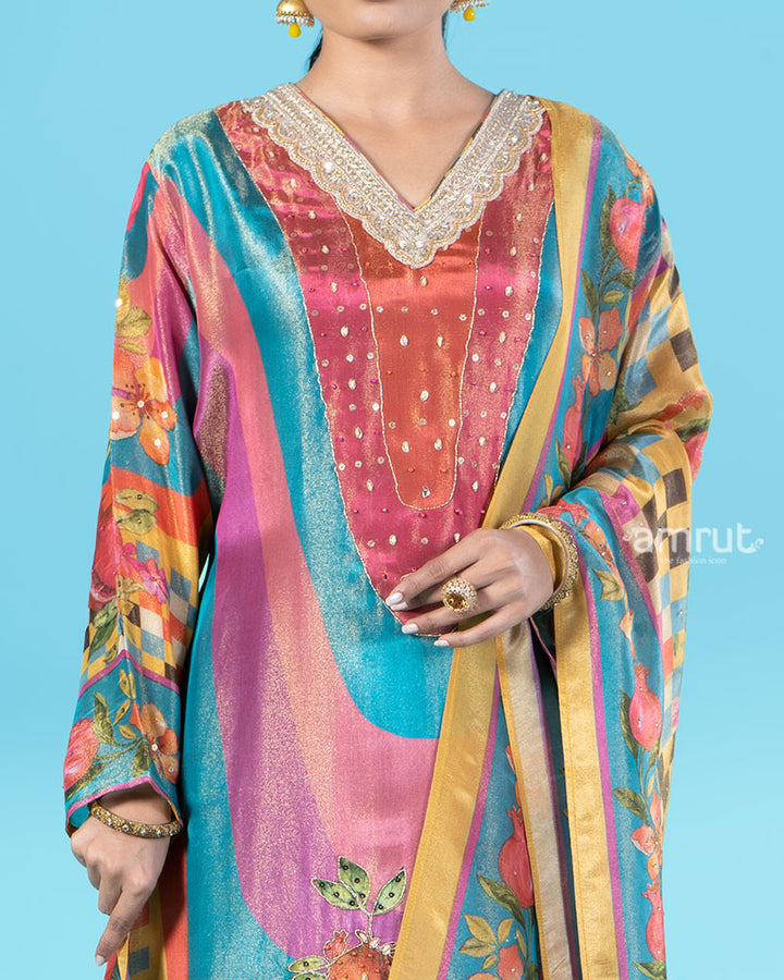 Vibrant Teal, Pink, and Orange Salwar Kameez with Mustard Yellow Floral Dupatta