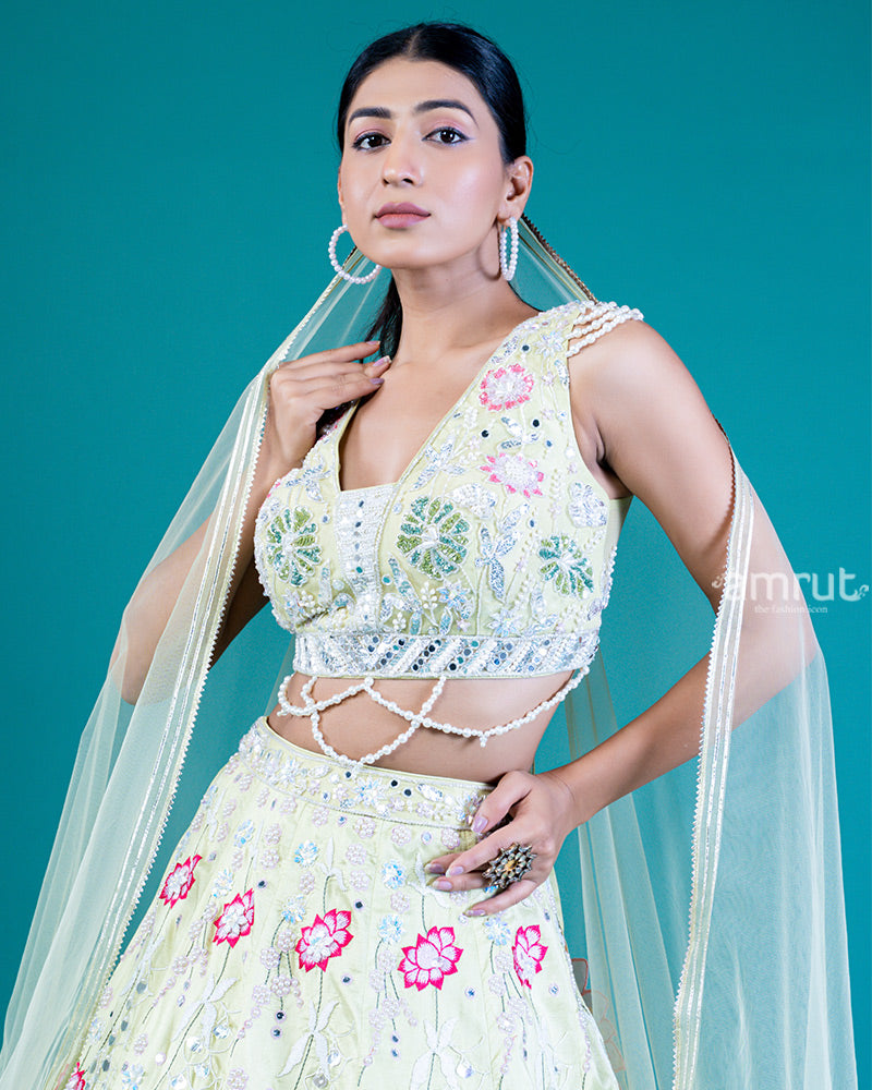 Pastel Yellow Lehenga Choli with Floral Embroidery, Sequins and Net Dupatta