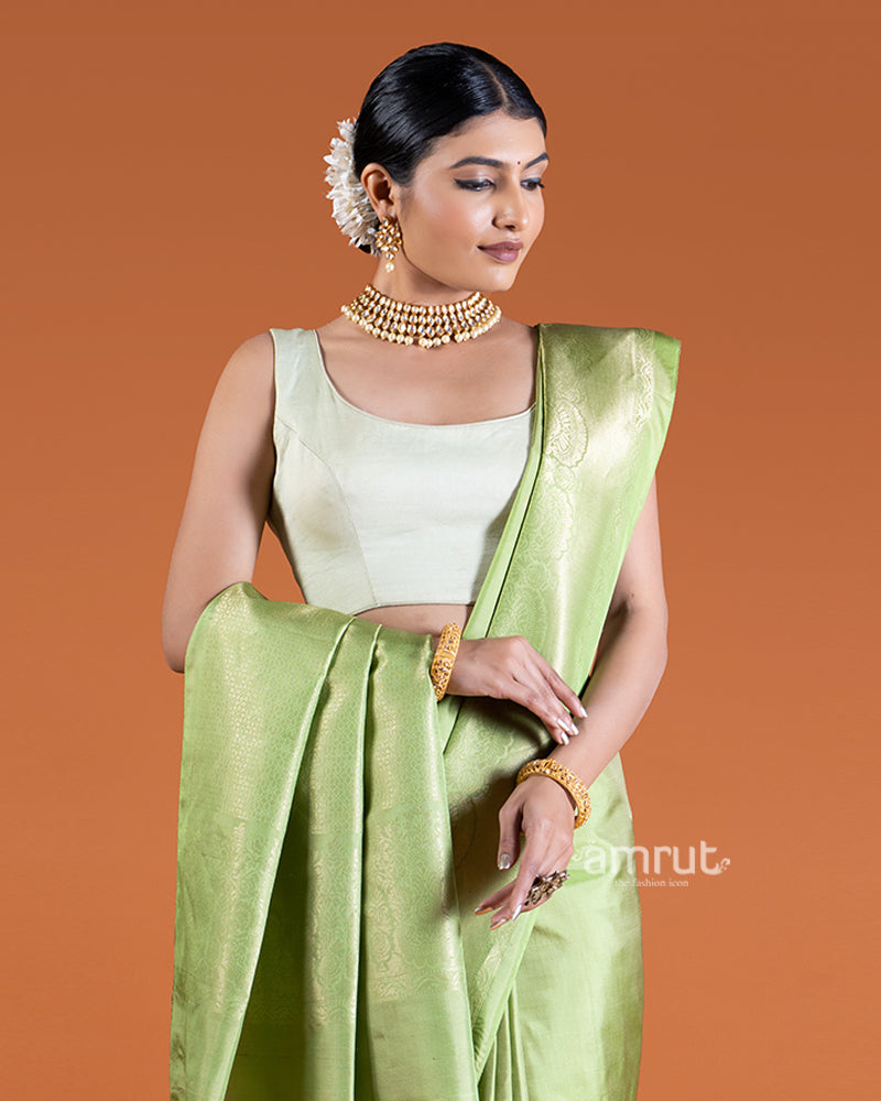 Tan-Green with Golden-Toned Borders Silk Saree with unstitched blouse