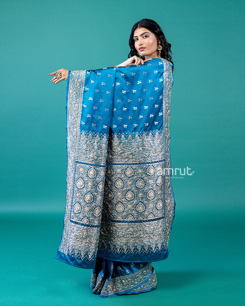 Blue Zari Buti Embellished Silk Saree with Unstitched Blouse