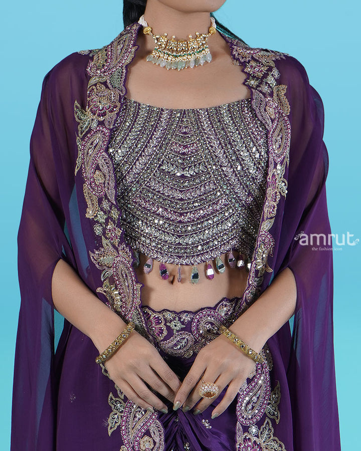 Purple Embellished Choli with Draped Skirt and Embroidered Cape