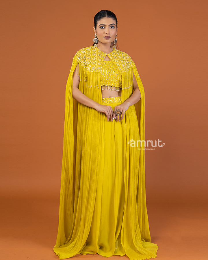 Yellow Embellished Cape-Style Crop Top with Palazzo Pants