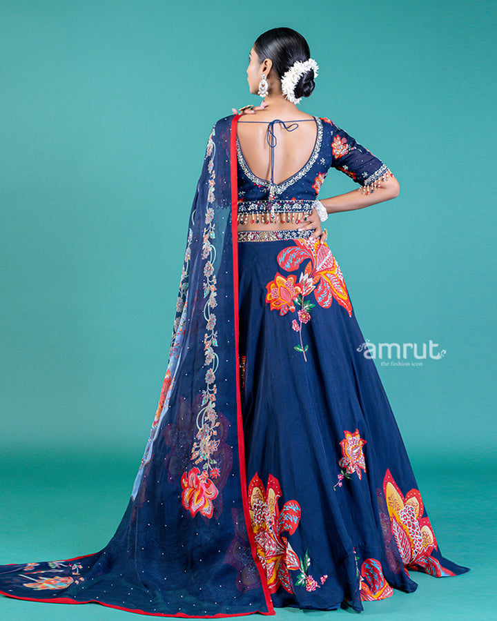 Navy Blue Lehenga Choli with Gold and Maroon Floral Embroidery