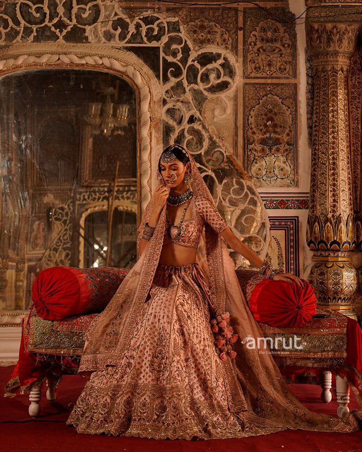 Dusty Rose with Gold Embellishments and Sheer Dupatta Bridal Lehenga Choli