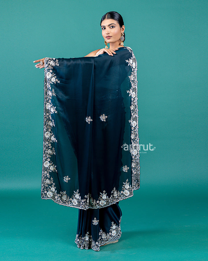 Bottle Green Saree with Sequin Embroidered Border and Unstitched Blouse