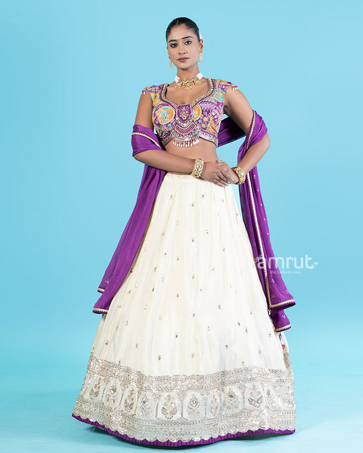 Dark Purple Embroidered Choli with Light Cream Lehenga and Purple Dupatta