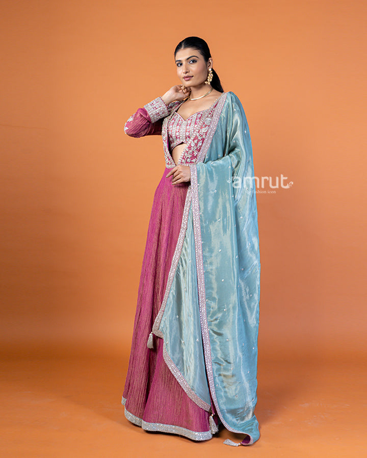 Raspberry Rose Embellished Long Kurta with Shimmering Teal Dupatta